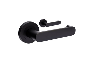 Product picture of the Zanda Duke Return Door Lever Handle on Round Rose Matt Black lever set only on a white background.