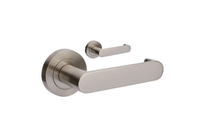 Product image of the Zanda Duke Return Door Lever Handle on Round Rose Brushed Nickel lever set only on a white background.