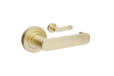 Product picture of the Zanda Duke Return Door Lever Handle on Round Rose Satin Brass lever set only on a white background.