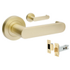 Product picture of the Zanda Duke Return Door Lever Handle on Round Rose Satin Brass privacy set on a white background.