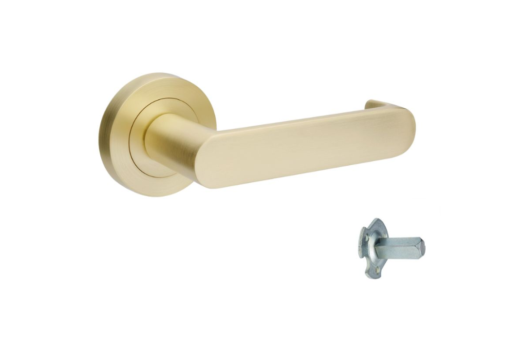 Product picture of the Zanda Duke Return Door Lever Handle on Round Rose Satin Brass dummy handle on a white background.