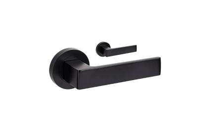 Product picture of the Zanda Boston Door Handle on Round Rose Matt Black Lever Set Only on a white background.