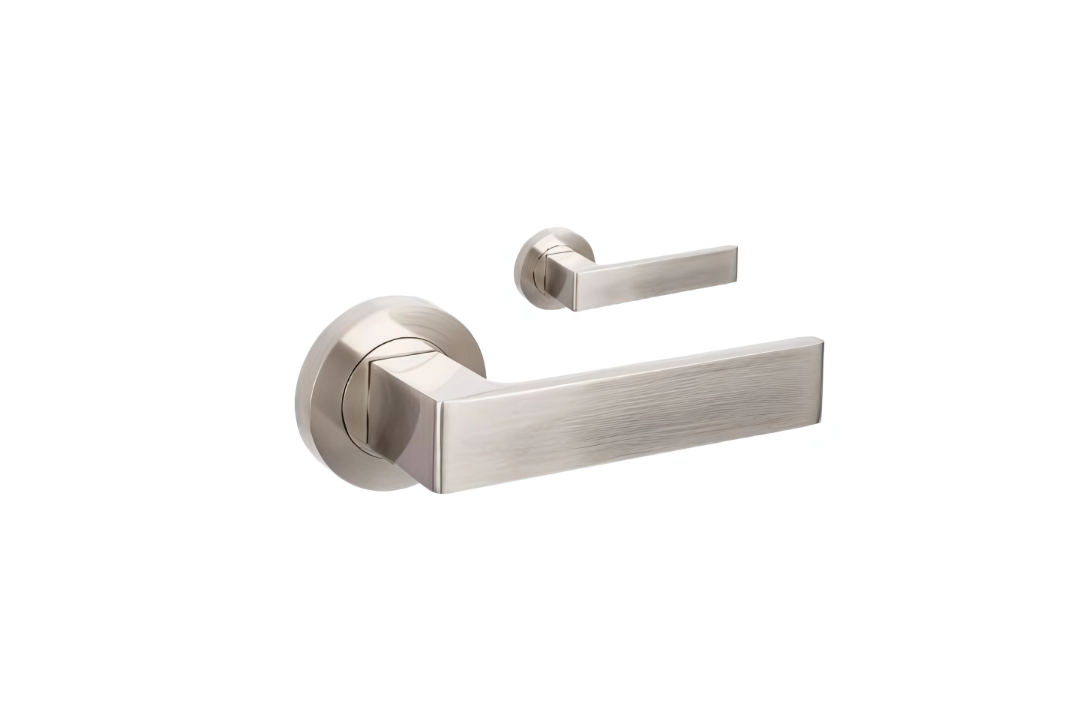 Product image of the Zanda Boston Door Handle on Round Rose Brushed Nickel Lever Set only on a white background.