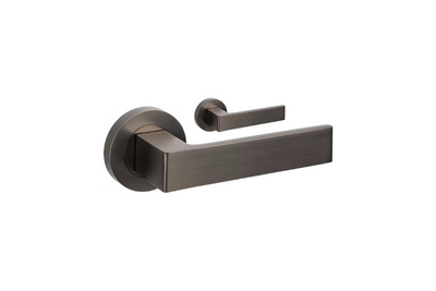 Product picture of the Zanda Boston Door Handle on Round Rose Graphite Nickel lever set only on a white background.