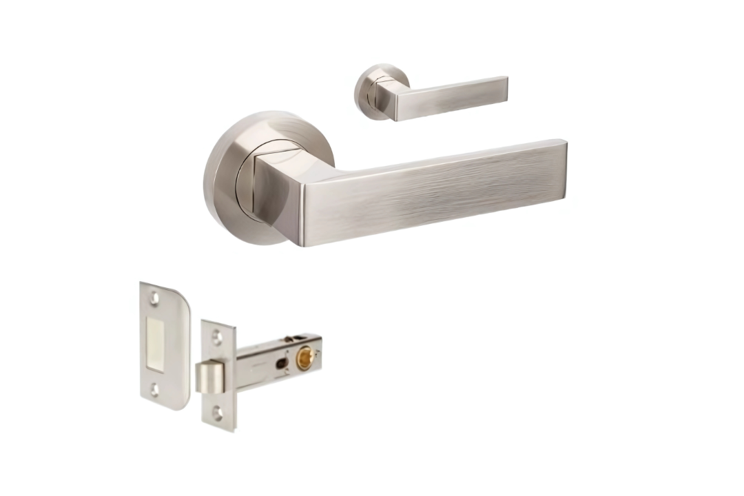 Product image of the Zanda Boston Door Handle on Round Rose Brushed Nickel Passage Set on a white background.