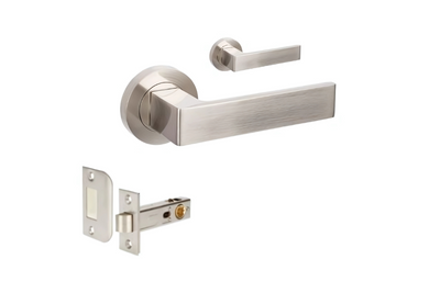 Product image of the Zanda Boston Door Handle on Round Rose Brushed Nickel Passage Set on a white background.