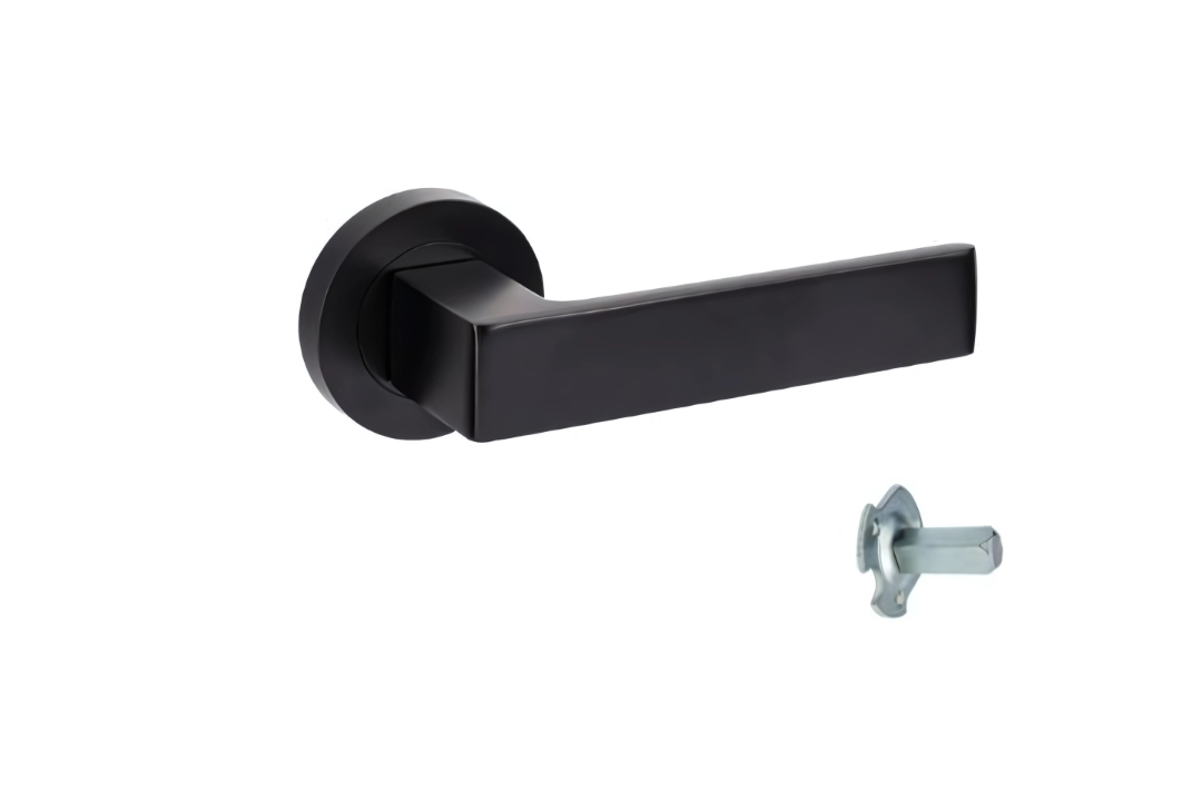 Product picture of the Zanda Boston Door Handle on Round Rose Matt Black Dummy Lever on a white background.