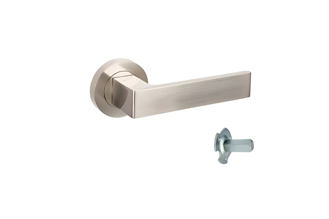 Product image of the Zanda Boston Door Handle on Round Rose Brushed Nickel Dummy Lever on a white background.