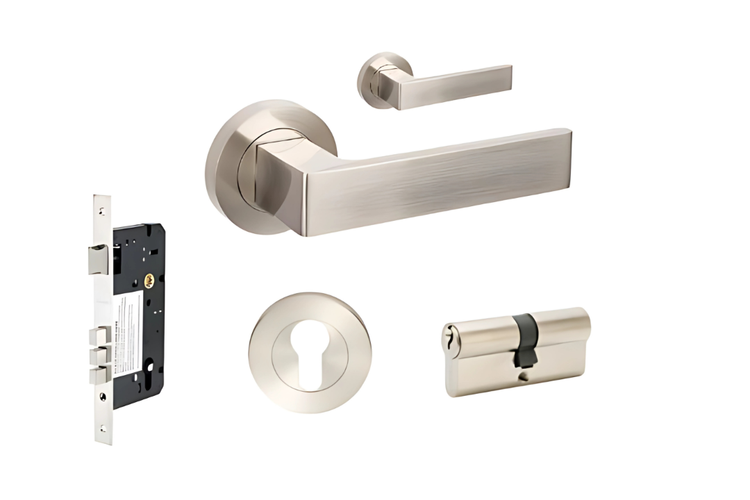 Product image of the Zanda Boston Door Handle on Round Rose Brushed Nickel Entry Kit 60mm Key/Key on a white background.