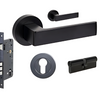 Product picture of the Zanda Boston Door Handle on Round Rose Matt Black Entry Set Key/Key on a white background.