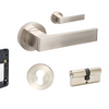 Product image of the Zanda Boston Door Handle on Round Rose Brushed Nickel Entry Kit 70mm Key/Key on a white background.