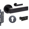 Product picture of the Zanda Boston Door Handle on Round Rose Matt Black Entry Set Key/Turn on a white background.