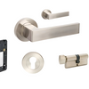 Product image of the Zanda Boston Door Handle on Round Rose Brushed Nickel Entry Kit 70mm Key/Turn on a white background.