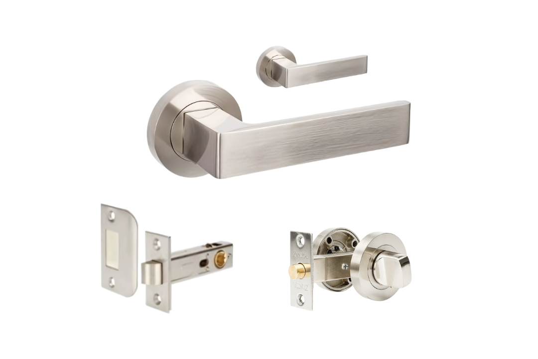 Product image of the Zanda Boston Door Handle on Round Rose Brushed Nickel Privacy Set Separate Kit on a white background.