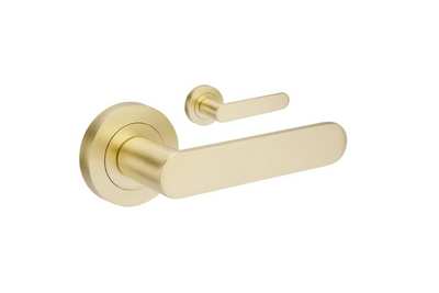 Product picture of the Zanda Duke Door Lever Handle on Round Rose Satin Brass lever set only, on a white background.