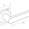 Black line drawing with measurements of the Duke Satin Brass door handle on a white background.