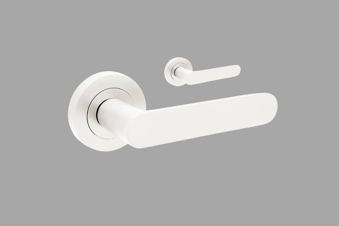 Product image of the Duke White Door Handle Leverset Only on a white background.