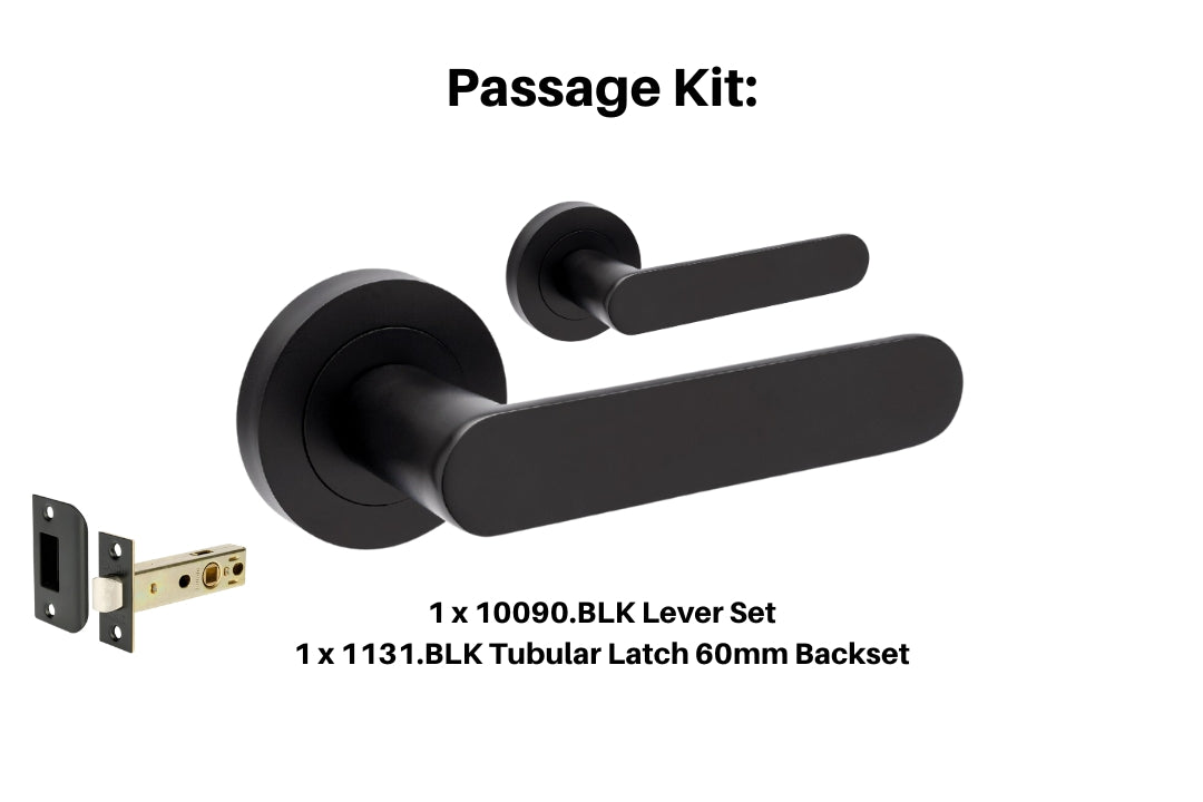 Product picture of the Duke Matt Black Lever Handle Passage Kit on a White background.