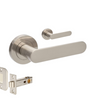 Product picture of the Zanda Duke Door Lever Handle on Round Rose Brushed Nickel passage set on a white background.