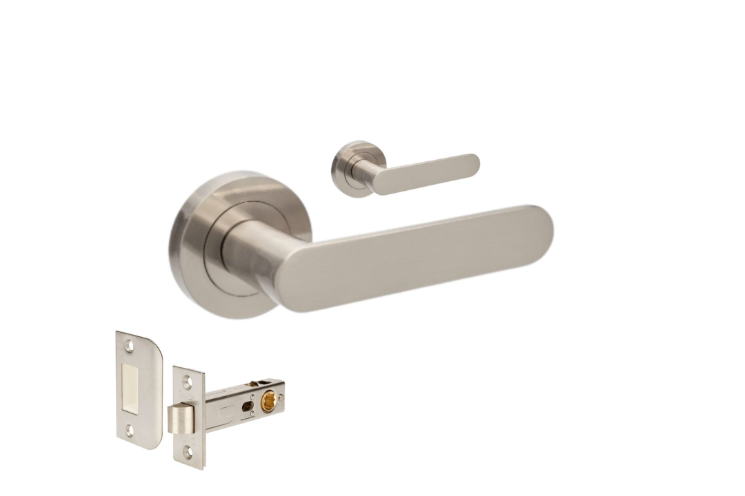 Product picture of the Zanda Duke Door Lever Handle on Round Rose Brushed Nickel passage set on a white background.
