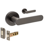 Product picture of the Zanda Duke Door Lever Handle on Round Rose Graphite Nickel passage set on a white background.