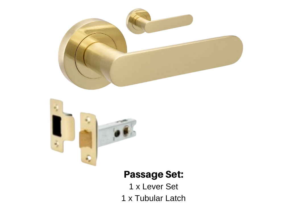 Product picture of the Duke Satin Brass Door Handle 10091 Passage Set with black writing mentioned what is in the kit. There is 1 x lever set and 1 x Tubular Latch..