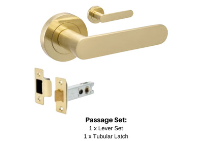 Product picture of the Duke Satin Brass Door Handle 10091 Passage Set with black writing mentioned what is in the kit. There is 1 x lever set and 1 x Tubular Latch..