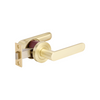 Product picture of the Zanda Duke Door Lever Handle on Round Rose Satin Brass passage set, on a white background.