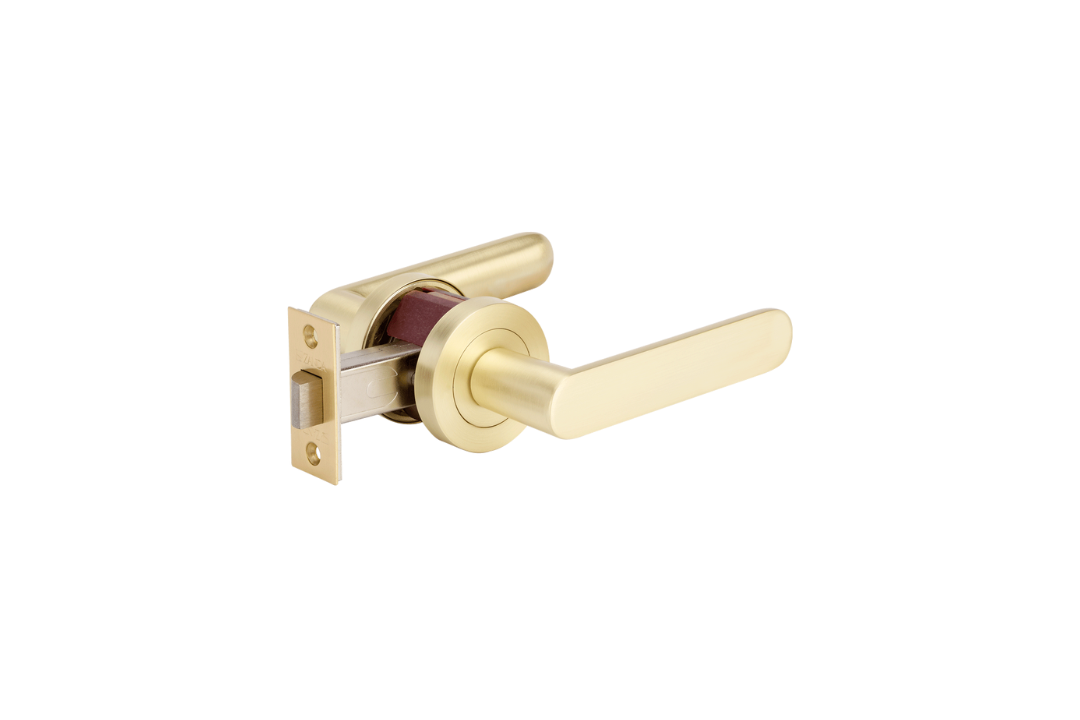 Product picture of the Zanda Duke Door Lever Handle on Round Rose Satin Brass passage set, on a white background.