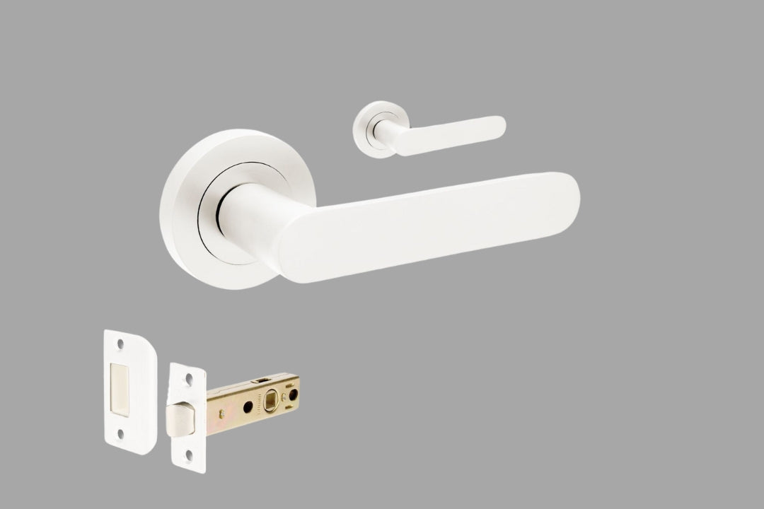 Product image of the Duke White Door Handle Passage Set on a white background.