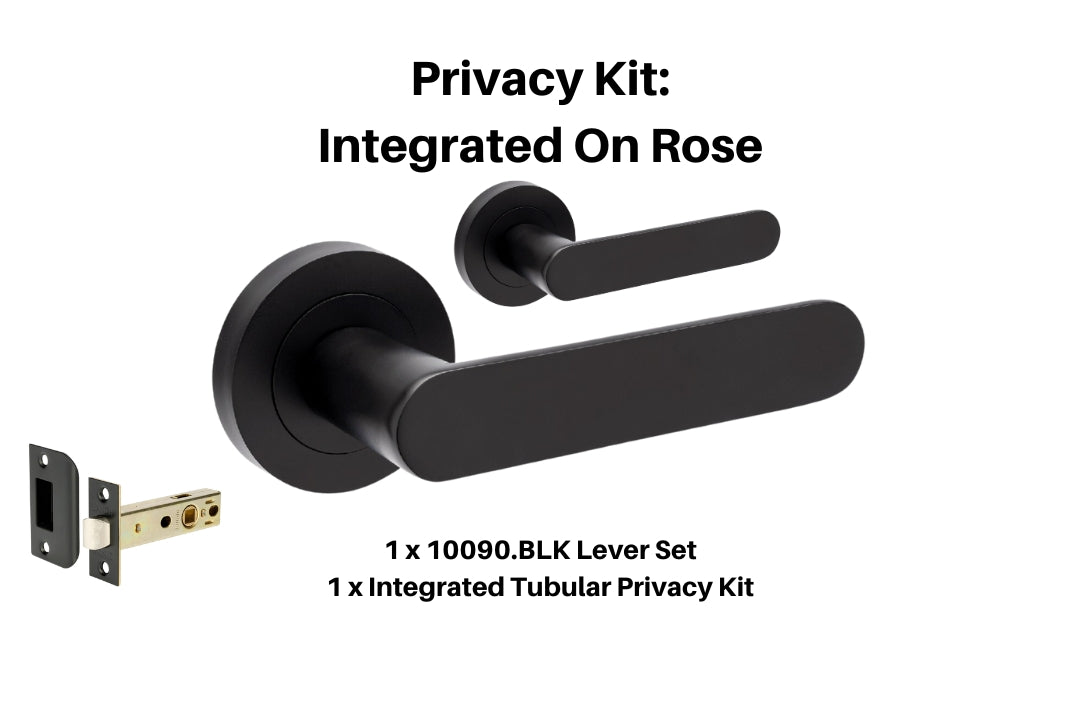 Product picture of the Duke Matt Black Lever Handle With Integrated Privacy Kit on a White background.