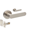 Product picture of the Zanda Duke Door Lever Handle on Round Rose Brushed Nickel integrated privacy set on a white background.