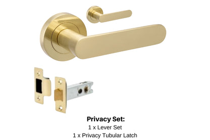 Product picture of the Duke Satin Brass Door Handle 10092 Privacy Set with black writing mentioned what is in the kit. There is 1 x lever set and 1 x privacy tubular latch.