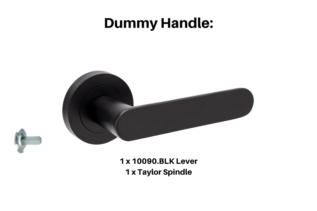 Product picture of the Duke Matt Black Lever Handle Dummy on a White background.