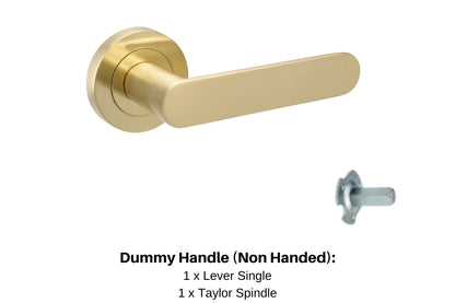 Product picture of the Duke Satin Brass Door Handle 10093 Dummy Lever with black writing mentioned what is in the kit. There is 1 x lever set and 1 x Taylor spindle.