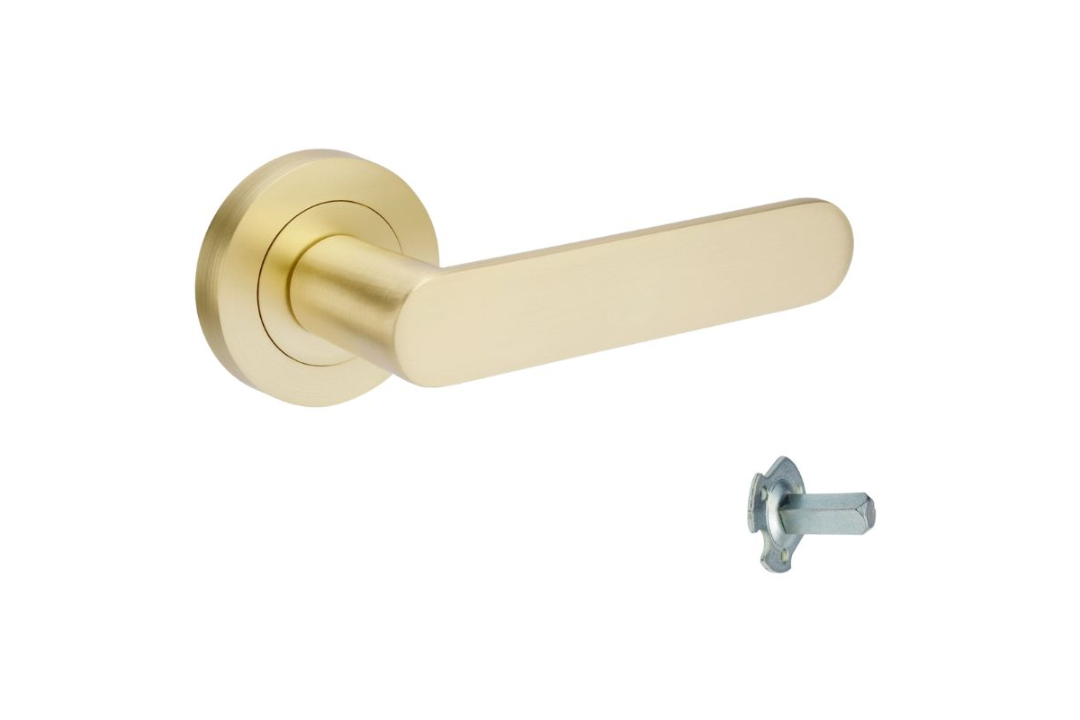 Product picture of the Zanda Duke Door Lever Handle on Round Rose Satin Brass dummy handle, on a white background.