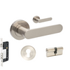 Product picture of the Zanda Duke Door Lever Handle on Round Rose Brushed Nickel entry set on a white background.