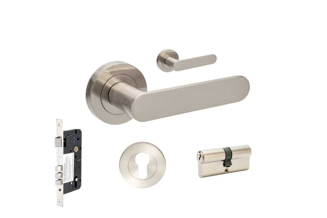 Product picture of the Zanda Duke Door Lever Handle on Round Rose Brushed Nickel entry set on a white background.