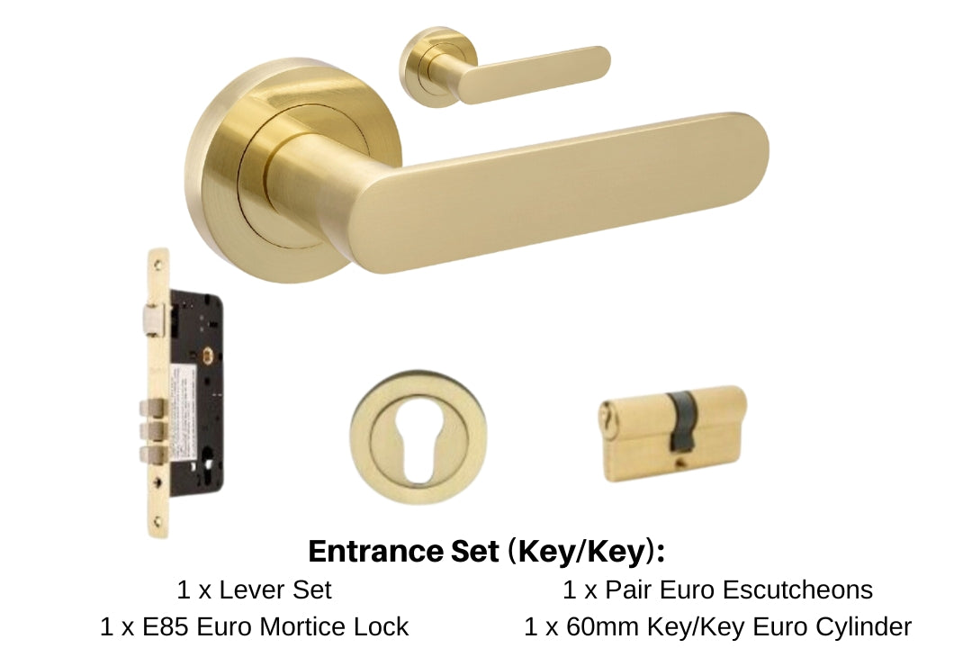 Product picture of the Duke Satin Brass Door Handle 10094.1 Entrance Set with black writing mentioned what is in the kit. There is 1 x lever set, 1 x euro mortice lock, 1 x pair euro escutcheons and 1 x 60mm key/key euro cylinder.