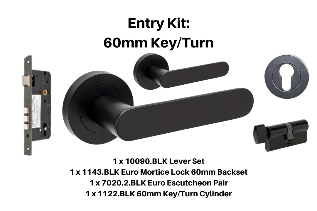 Product picture of the Duke Matt Black Lever Handle Entry Kit 2 on a White background.