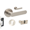 Product picture of the Zanda Duke Door Lever Handle on Round Rose Brushed Nickel entry set on a white background.