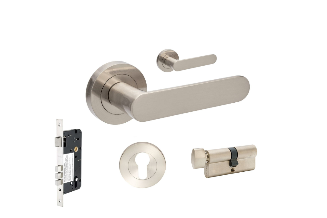 Product picture of the Zanda Duke Door Lever Handle on Round Rose Brushed Nickel entry set on a white background.