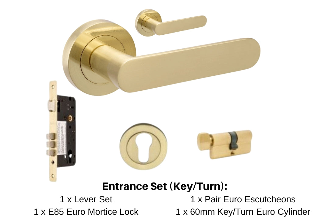 Product picture of the Duke Satin Brass Door Handle 10094.2 Entrance Set with black writing mentioned what is in the kit. There is 1 x lever set, 1 x euro mortice lock, 1 x pair euro escutcheons and 1 x 60mm key/turn euro cylinder.