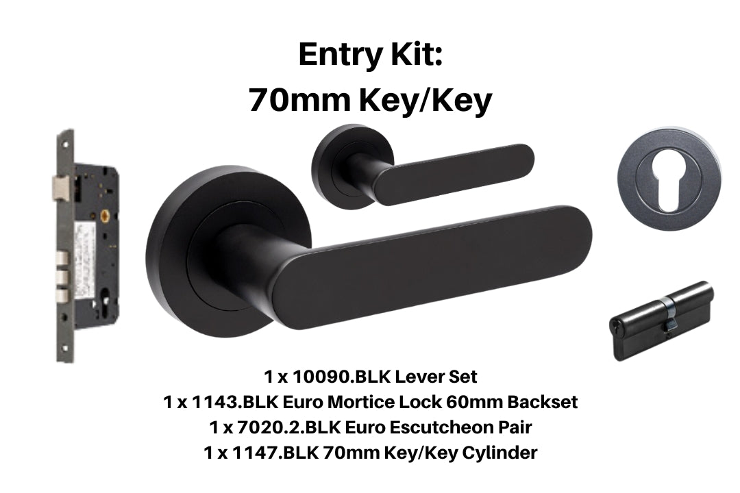 Product picture of the Duke Matt Black Lever Handle Entry Kit 4 on a White background.