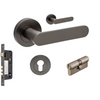 Product picture of the Zanda Duke Door Lever Handle on Round Rose Graphite Nickel entry set with key/key cylinder, on a white background.