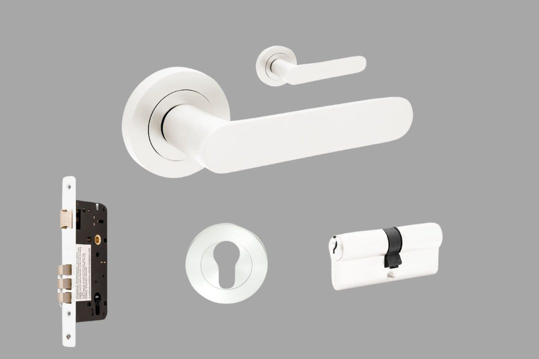 Product image of the Duke White Door Handle Entry Door Set 3 on a white background.