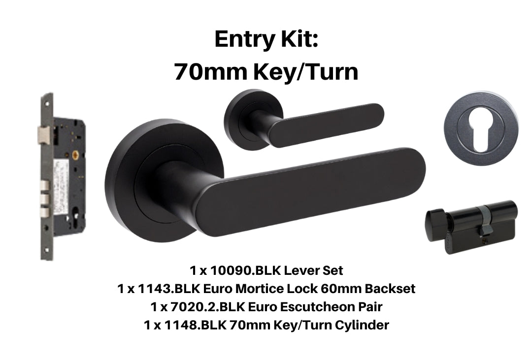 Product picture of the Duke Matt Black Lever Handle Entry Kit 3 on a White background.