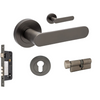 Product picture of the Zanda Duke Door Lever Handle on Round Rose Graphite Nickel entry set with key/turn cylinder, on a white background.
