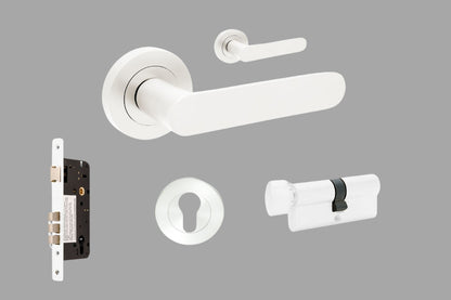 Product image of the Duke White Door Handle Entry Door Set 4 on a white background.