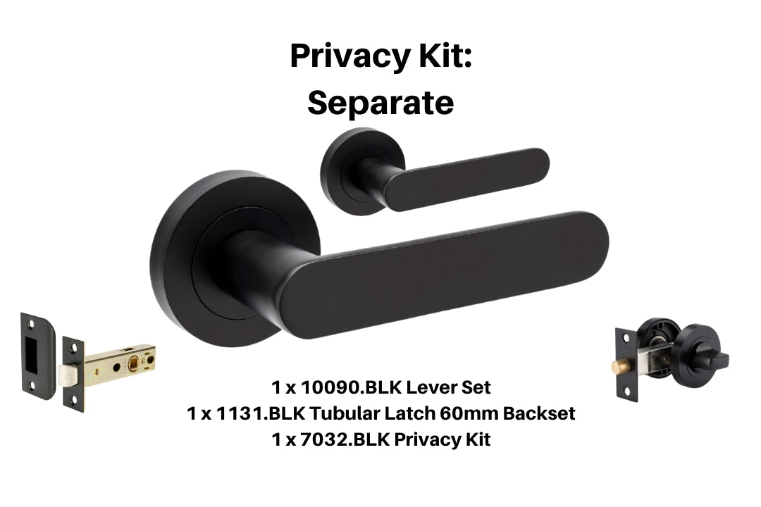 Product picture of the Duke Matt Black Lever Handle Privacy Kit on a White background.